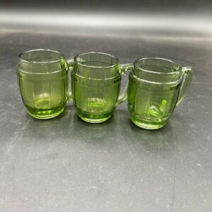 Vintage green glass barrel shot mugs, bar glasses